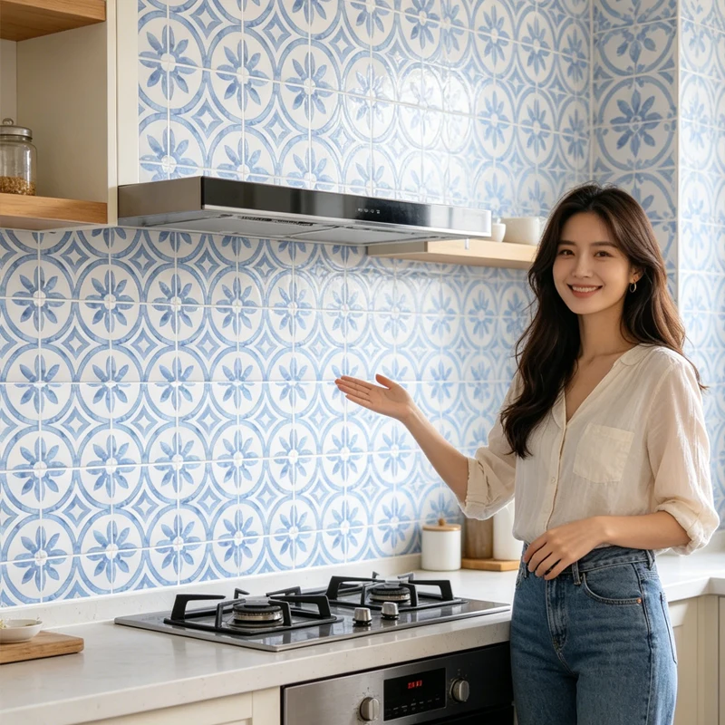 Self Adhesive Wall Tile 30x30cm 5Pcs Blue Floral Peel Stick Backsplash Waterproof Kitchen Bathroom Removable Wall Stickers