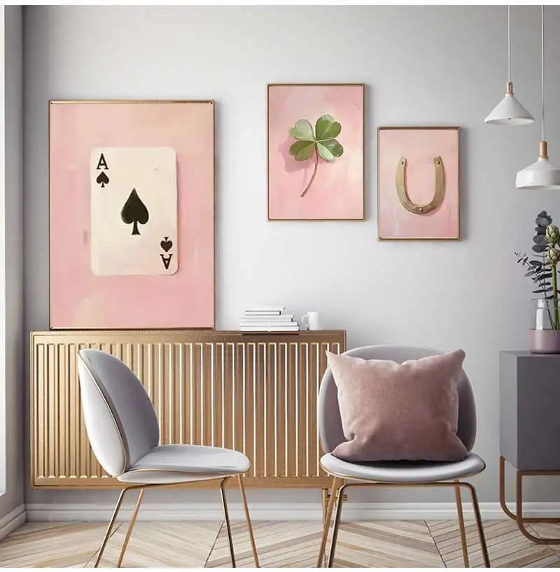 3pcs/Set Lucky Girl Poster Four-leaf Clover Playing Cards Horseshoe Pink Gallery Wall Art Academy Style Retro Abstract Art Decor