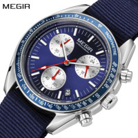 MEGIR Luxury Quartz Watches for Men Blue Canvas Strap Sport Leisure Chronograph Luminous Waterproof Male Wristwatch Clock 2247
