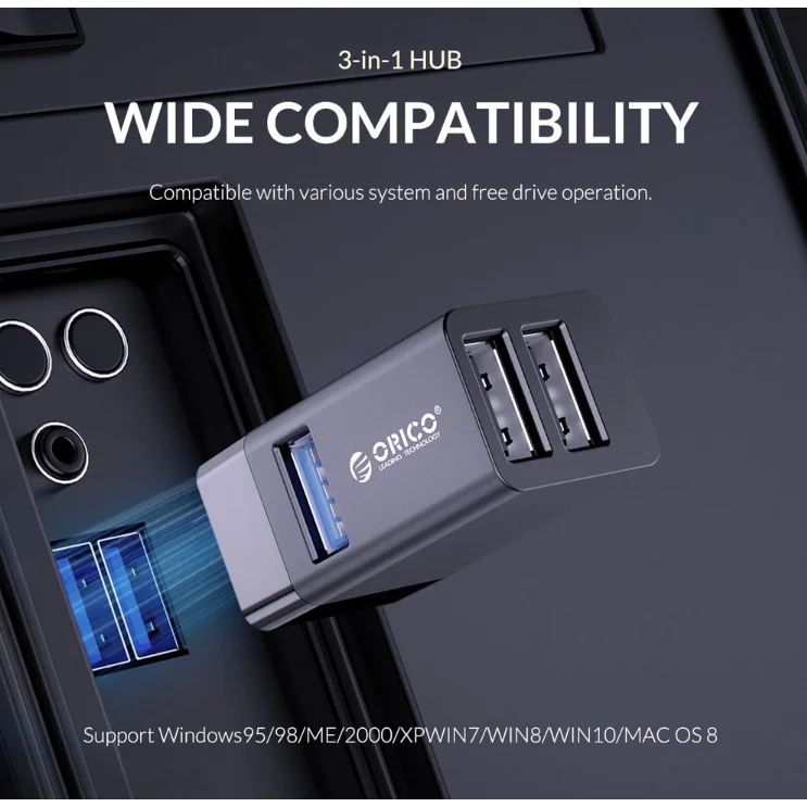 ORICO 3-in-1 USB HUB USB3.0 5Gbps Multiport Splitter Aluminum Alloy USB Adapter Plug & Play For Laptop PC U Disk Mouse