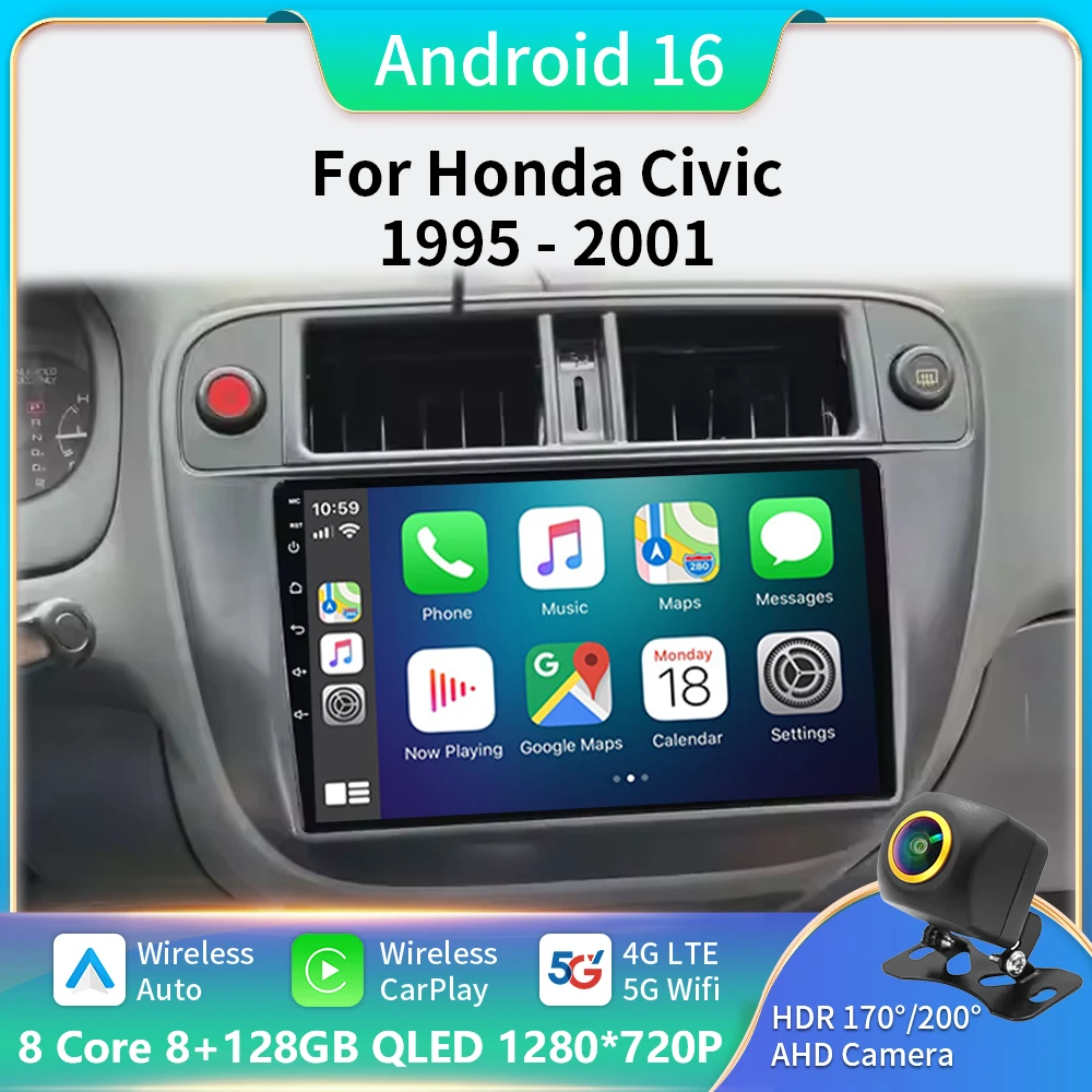 

Android 16 Carplay Auto For Honda Civic 1996 1997 1998 1999 2000 2001 Multimedia Car Radio Player 5G Stereo 2 Din Tape Recorder