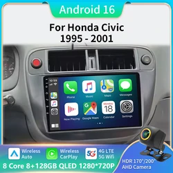 Android 16 Carplay Auto For Honda Civic 1996 1997 1998 1999 2000 2001 Multimedia Car Radio Player 5G Stereo 2 Din Tape Recorder