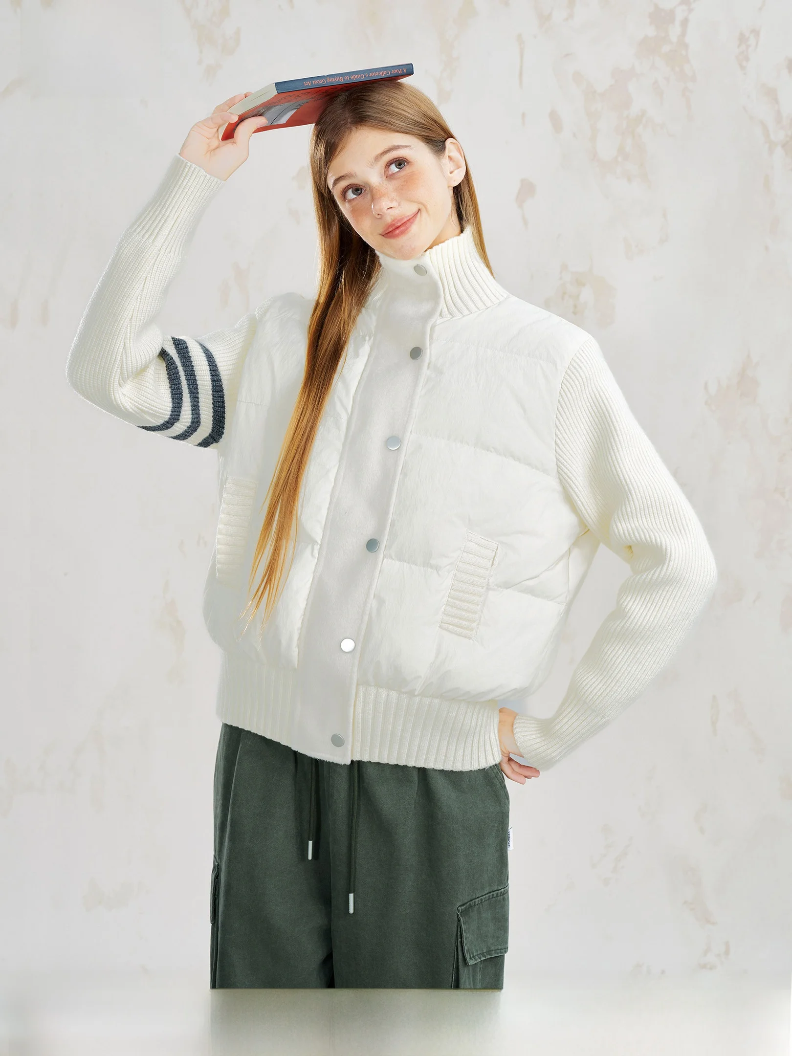 

Beetle Town White Knitted Splice Du down Jaet Women's Autumn Winter Simple Oxygen Outerwear Stand Collar Long Sve Coat