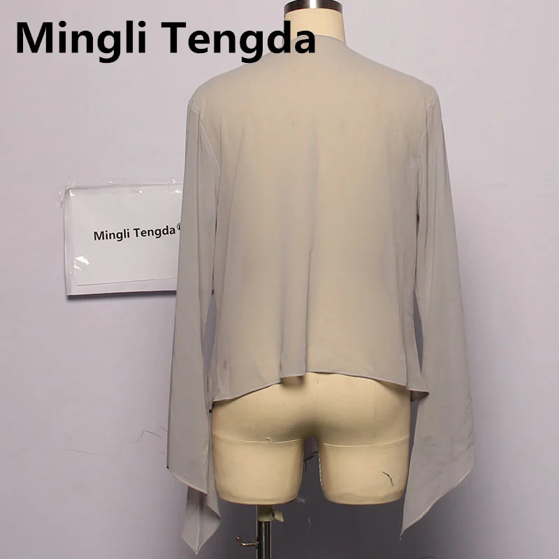 Mingli Tengda الفضة الشيفون طويل الأكمام شال العروس مخصص بوليرو اكسسوارات الزفاف Jaket المرأة معطف الرأس المرأة الرؤوس