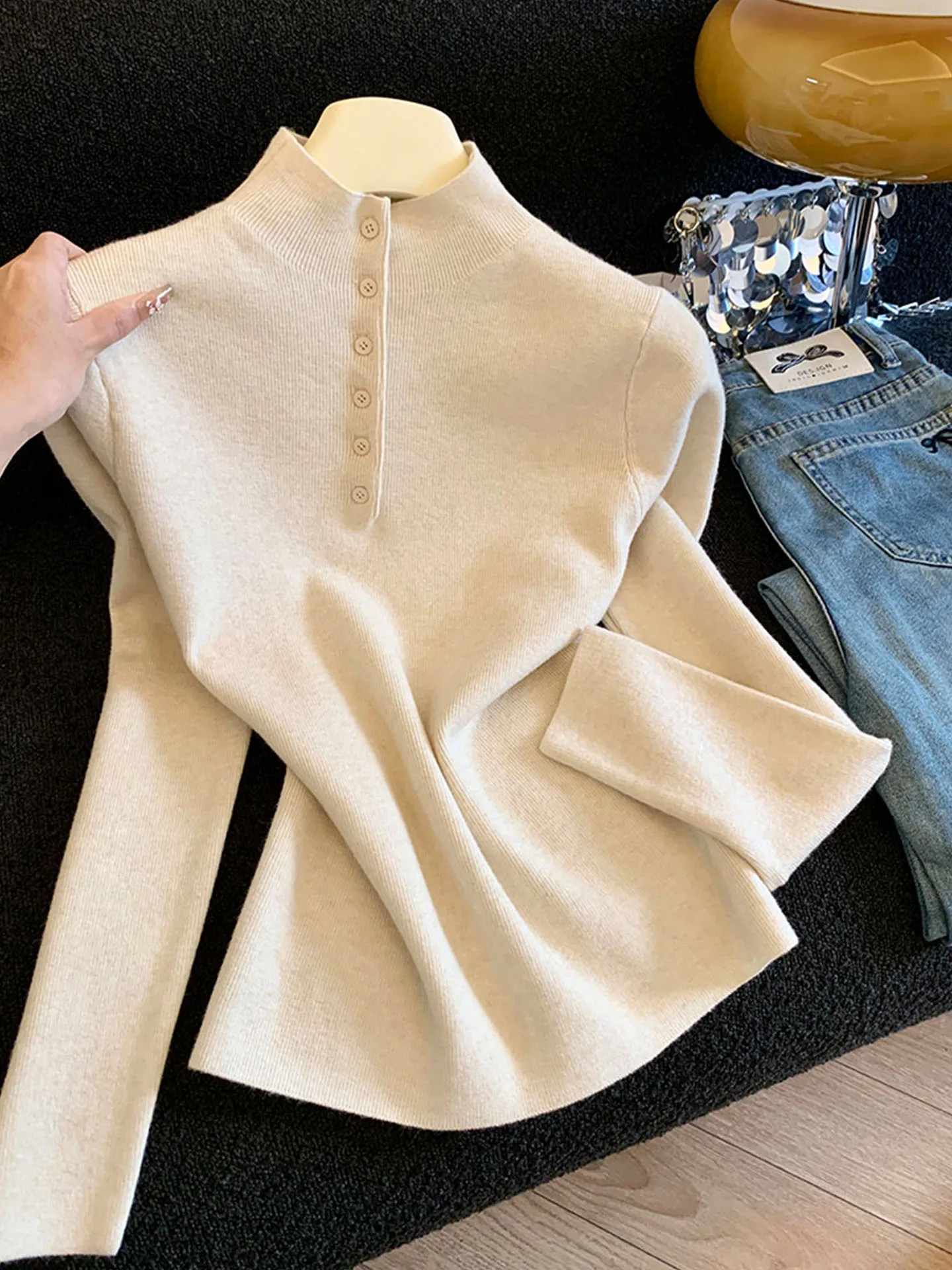 

Emily Clud Recommended f High Collar Button Knitted Sweater Women's Autumn Winter Warm Long Sve Base irt Top
