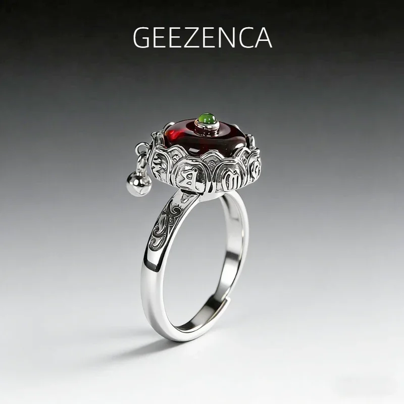 

GEEZENCA Red Amber 925 Sterling Silver Lotus Flower Ball Charm Open Statement Ring For Women Trendy Big Cocktail Rings Her Gift