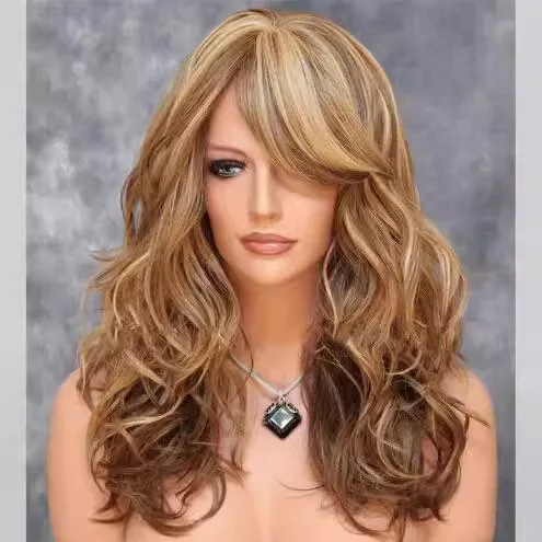 Wig, high-temperature silk, full headpiece, side-parted, big wave, brown, female long hair, makes face look smaller