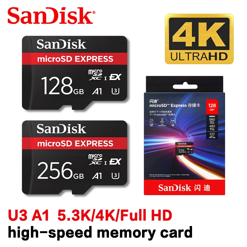 SanDisk MicroSD Express Card 128GB 256GB A2 5.3K NVMe TF Memory Card for Tablet UAV Switch 2 Max 880Mb/s Micro SD Card for Phone