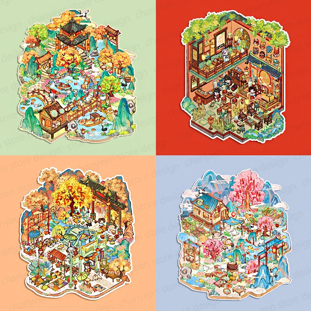 2.5D Chinese Ancient Style Landscape Sticker Cabin Scene DIY Toy Game Sticker Festival Birthday Gift for Kid Child Girl