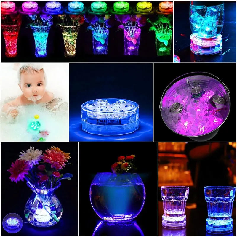 10leds RGB Submersible LED Lights Underwater Night Light Outdoor Swimming Pool Light Tea Light Vase Pond Party Wedding Decor