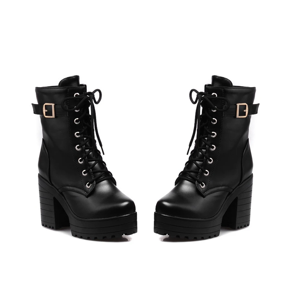 

Women's Gothic Punk Platform Ankle Boots Lace Up Buckle Chunky Heel Black Yellow Brown Combat Boots for Party 9913