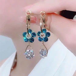 Korean Zircon Flower Hoop Earrings For Women Girls Fashion Long Hanging Earrings Crystal Wedding Party 2024 Trending Jewelry