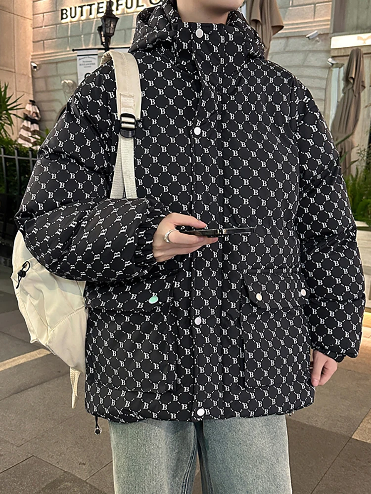 

Men's Thiened down Cotton Jaet Autumn Winter New Sle Faionable Youth Hooded Warmth Anti-Cold Zipper Decoration Lo...