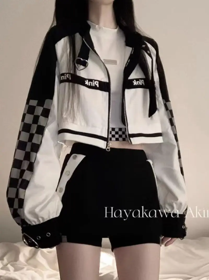 Harajuku plaid Loose Jackets Top Women 2023 Spring and Autumn y2k new jacket sweet cool spicy Girl Motorcycle Design goth Coat