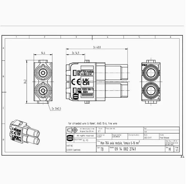 1pcs 09140022741 Original German HARTING 2-core 70A Axial Module Female Connector Module Assembly