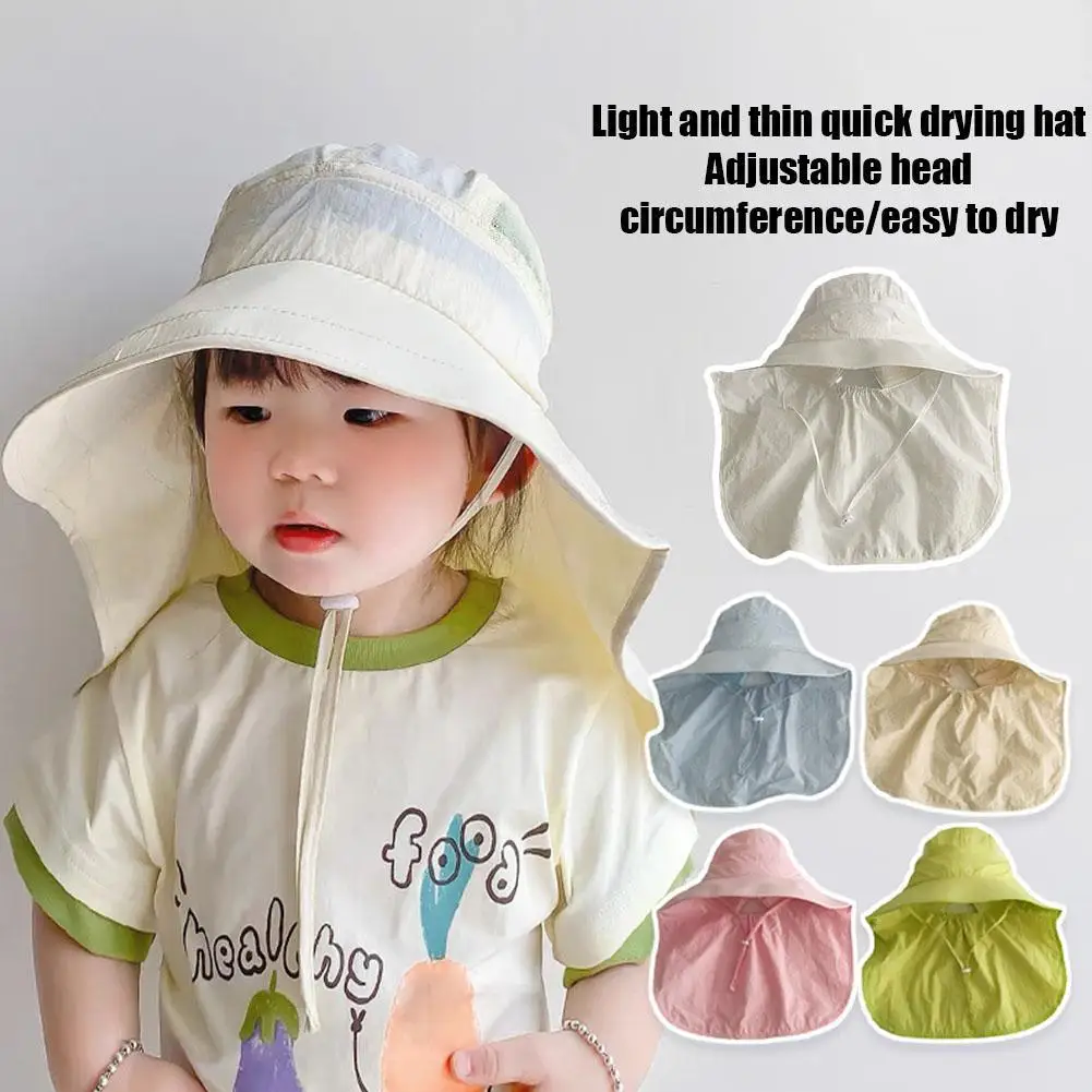 Summer Kids Sun Hat Breathable Mesh Quick Dry Toddler Fisherman Caps Solid Color Large Brim Neck Protection Bucket Outdoor Hats