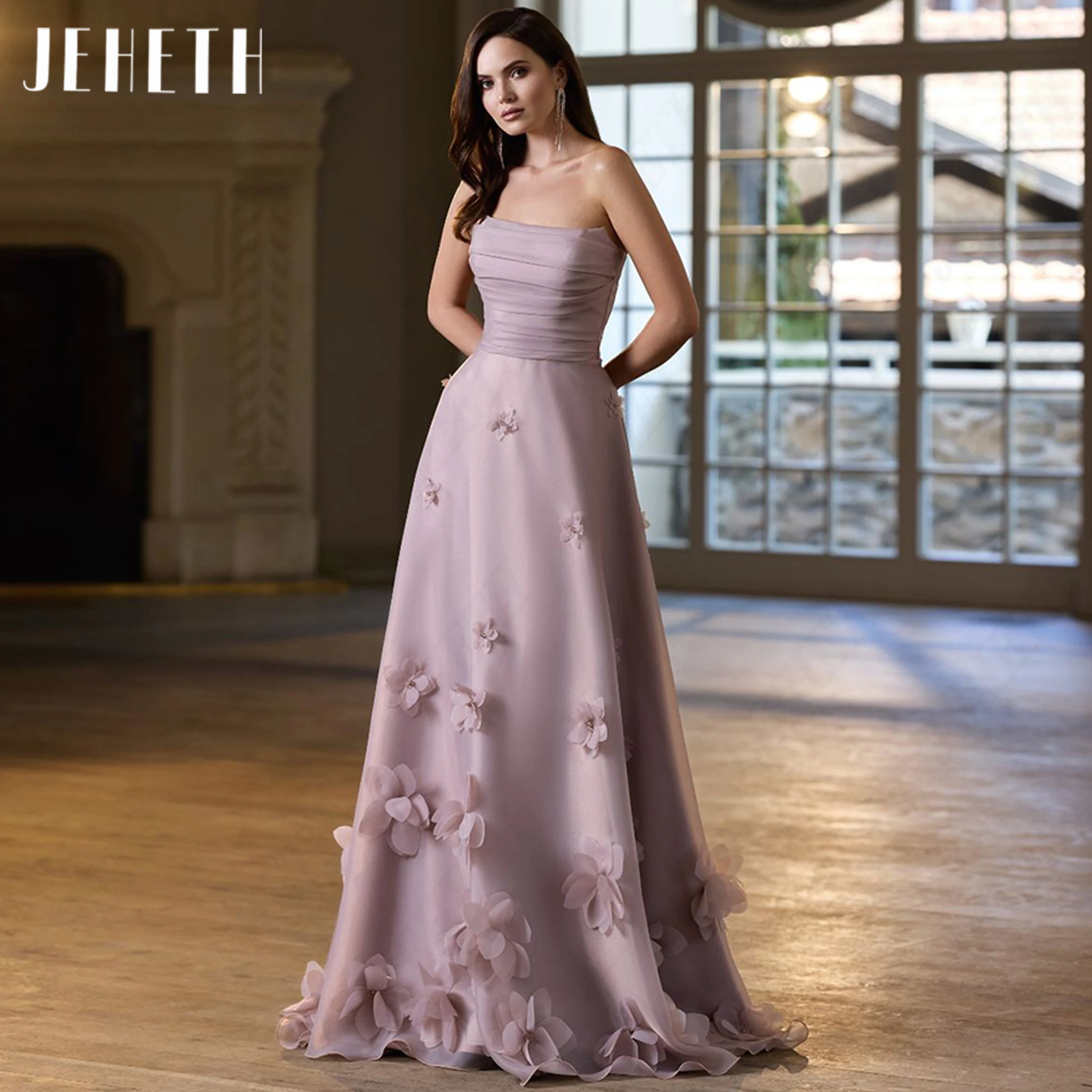 JEHETH 3D Flowers Evening Dress For Women Strapless Party Gowns A Line Pleated Organza Long Formal Gown Custom Made abendkleid