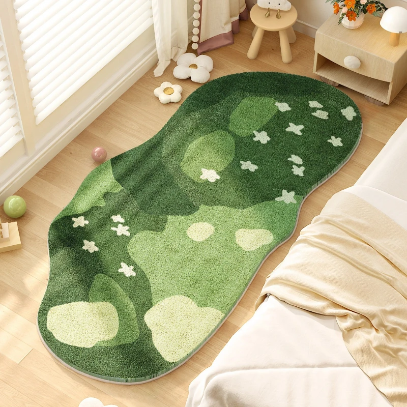 Bedroom Bedside Rug Soft Fluffy Faux Cashmere Floor Mat Green Irregular Floral Pattern Carpet Sweet Girl Home Decoration Rugs