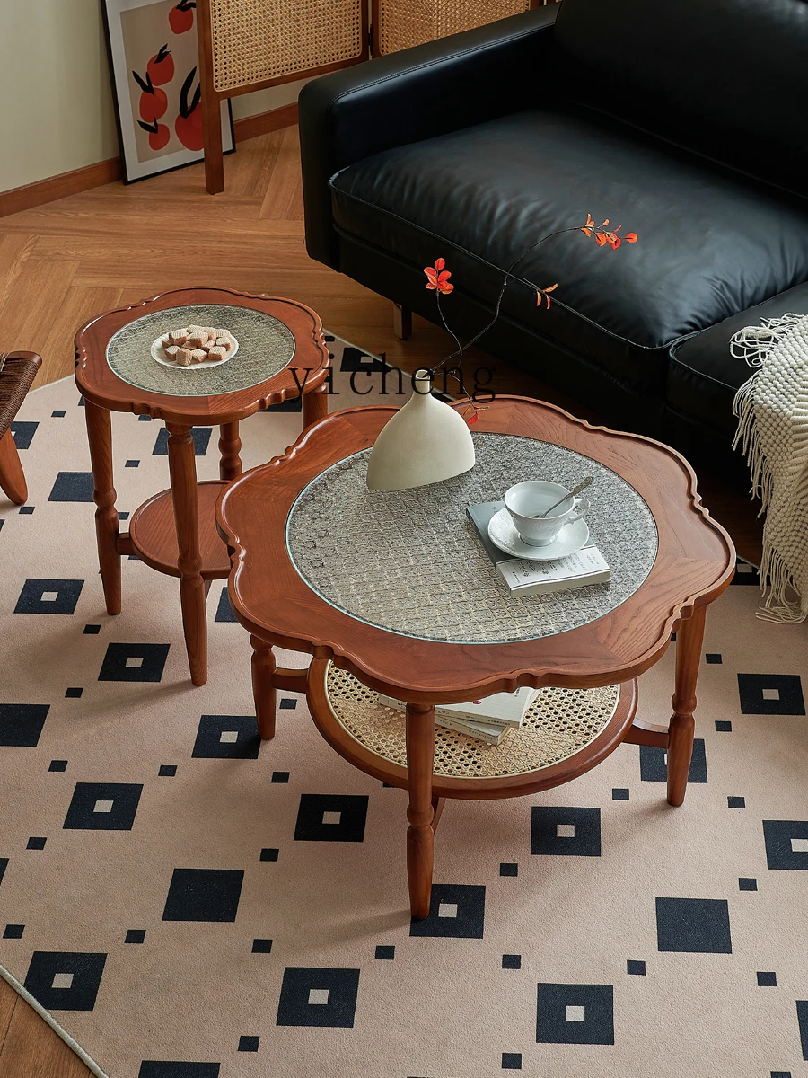 Tqh Vintage Coffee Table Solid Wood Rattan Flower round Glass Living Room Simple Modern