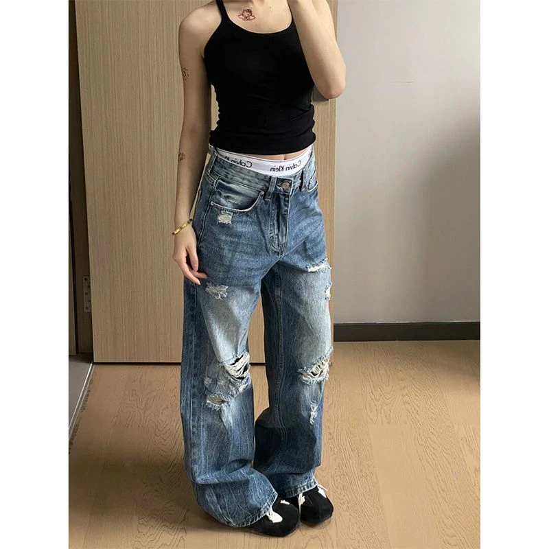 

Multiple Holes Women's Distressed Blue Jeans Young Girls Wide Leg Trousers Cool Girl Casual Bottoms Female Summer Street Pants