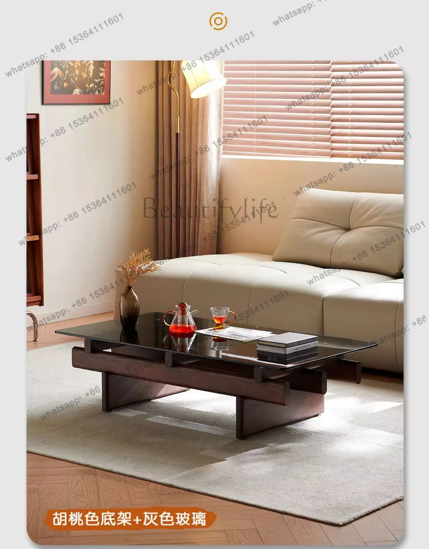 YJ French medieval style living room household small apartment rectangular ash wood gray tempered glass coffee table