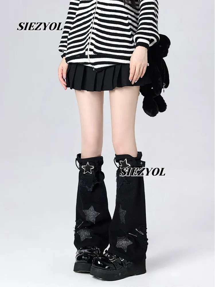 Japanese Style Leather Buckle Denim Y2k Hot Girl Leg Warmers Sweet Girl Punk Style Fashion Versatile Mid-calf Socks