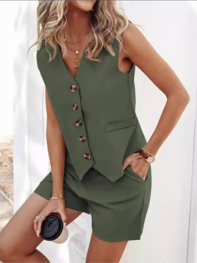 Spring Summer Women Solid Khaki Office Shorts Outfits V-neck Single Breasted Vest Top + High Wasit Slim Shorts Two Piece Sets