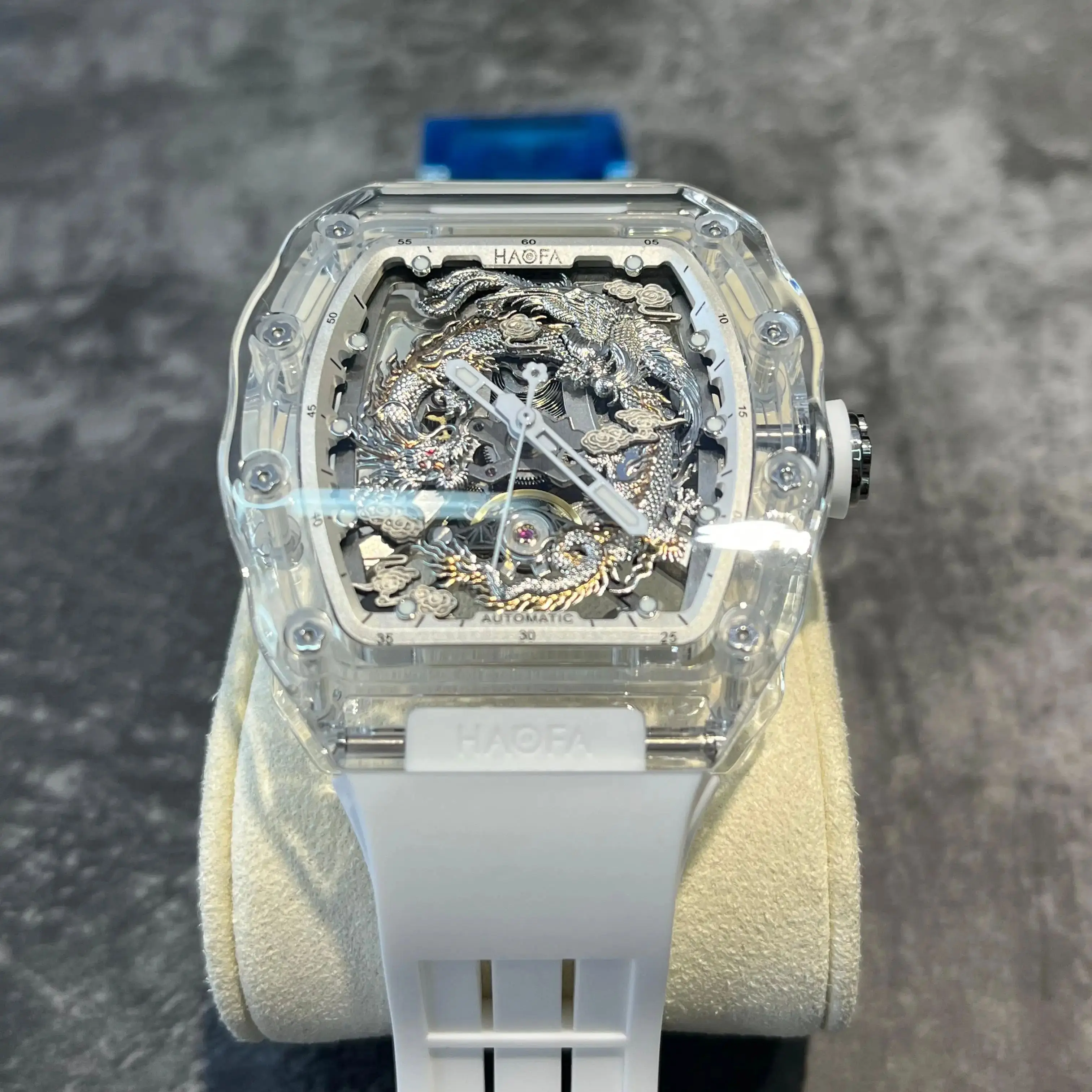 Haofa Hollow Transparent Automatic Wristwatch for Men 3D Dragon Phoenix Mechanical Watch Crystal Luminous Waterproof Watch 2369