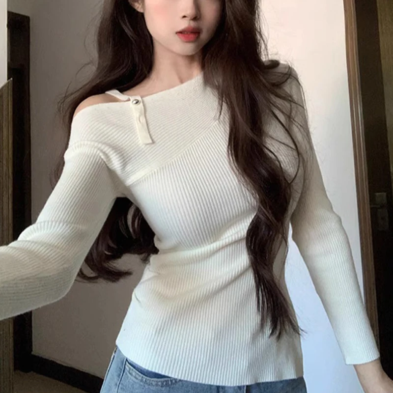 French Chic Off-shoulder Long Sleeve Irregular Slim Knitted Sweater For Women