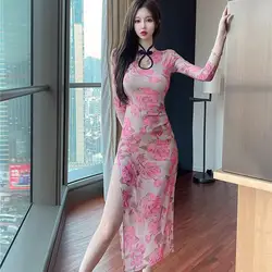 150kg Large Size Print Cheongsam Spring and Autumn Quarter Sleeve Qipao Dress Big Size 3Xl 4Xl Traditional Chinese Slim Dresses