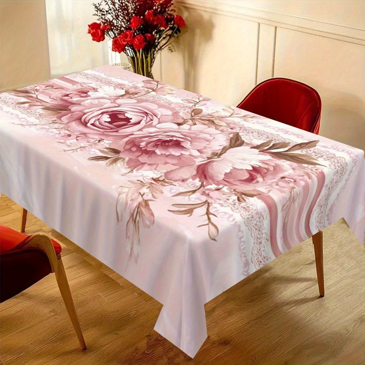 Elegant Pink Floral Lace Tablecloth - Made of Polyester, Wrinkle-Free, Featuring Exquisite Floral Designs And Delicate Lace Deta