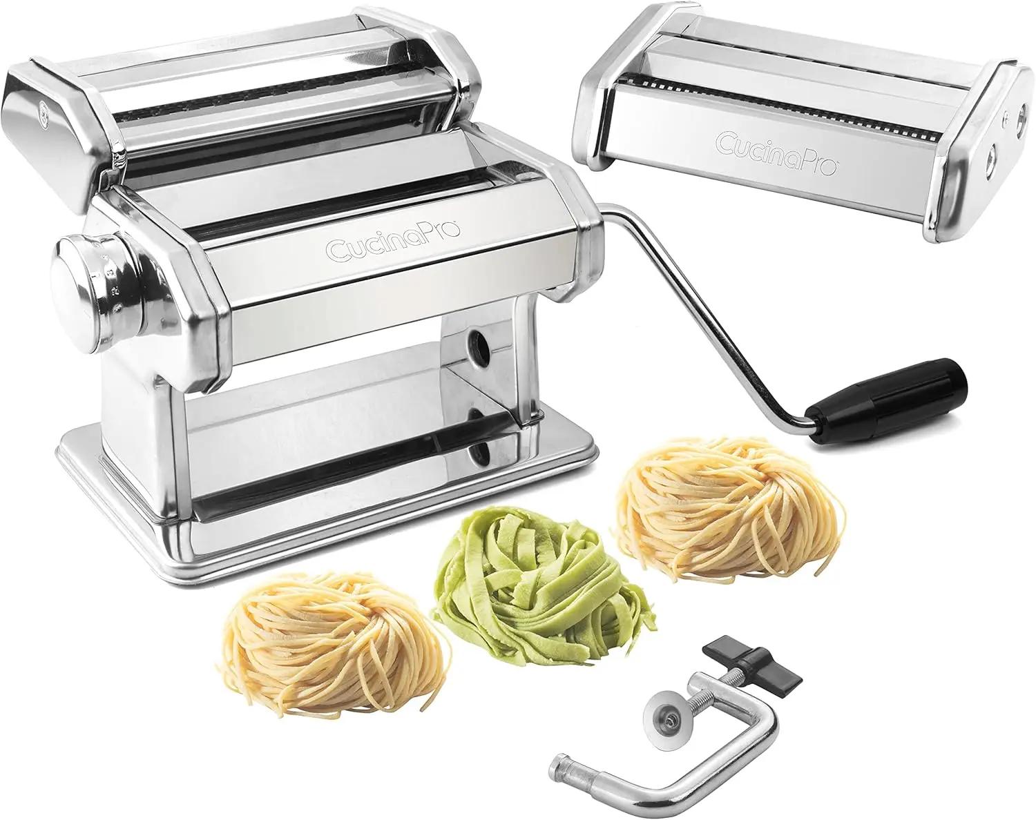 

Manual Pasta Maker with Adjustable Thickness, Spaghetti & Fettuccine Attachments, Recipe Guide - Perfect Kitchen Gift