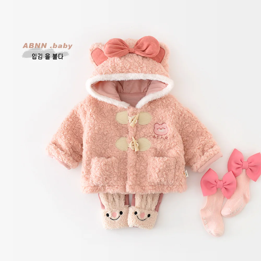 Autumn Winter Baby Girls Jacket Cotton Hooded Hairy Knotbow Thickened Warm Toddler Girls Coat Children Girls Outerwears Outfit