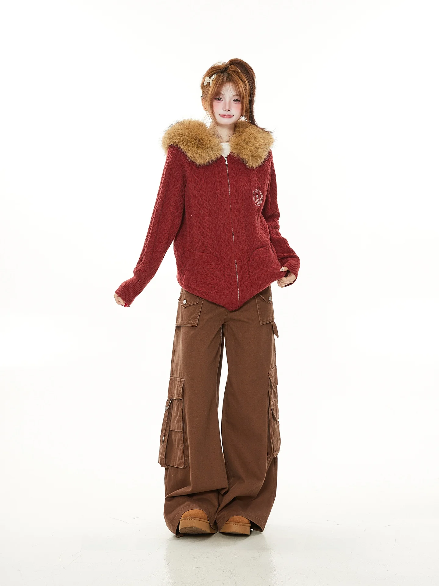 

American Sle Retro Large Fur Collar Hooded Knitted Sweater Zipper Jaet Women Spring Autumn New Year Red Slim Fit Long Sve