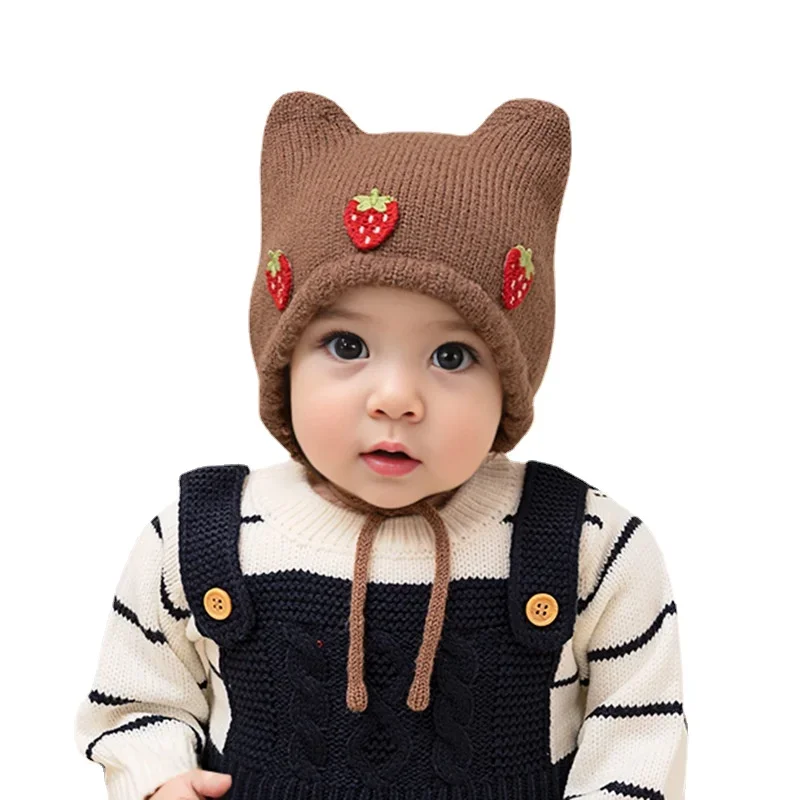 Autumn Winter Baby Girl Hat Cute Strawberry Ear Infant Beanies Cap Toddler Girls Cap Warm Infant Hats for Girls