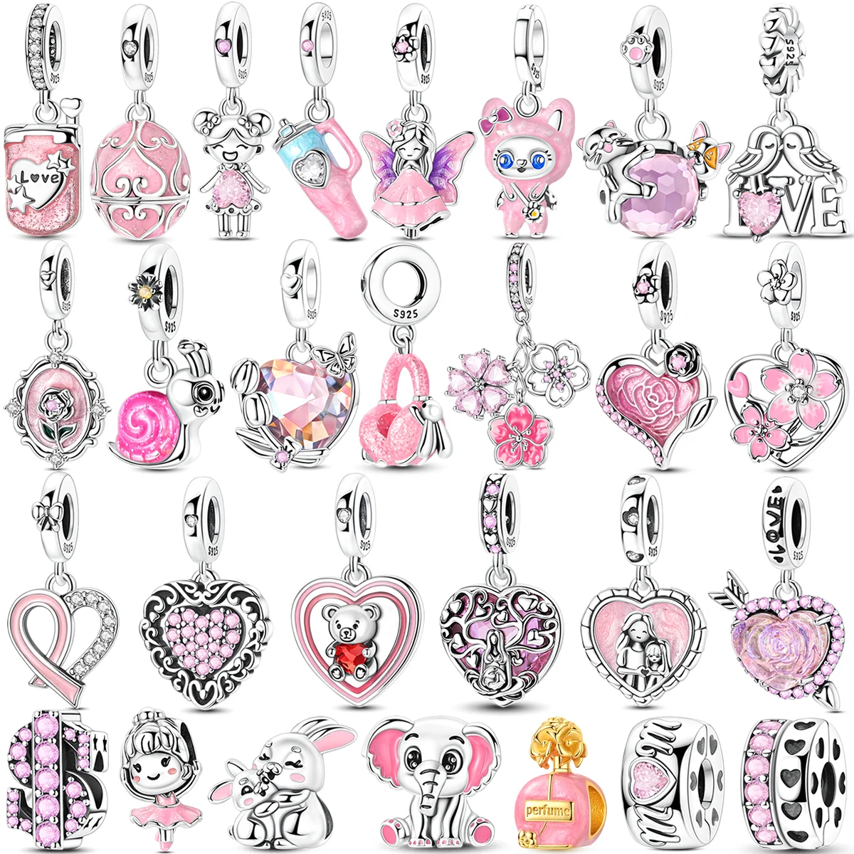 

2026 Romantic Pink Color Charms Bead 925 Sterling Silver CZ Zircon Love Heart Pendants Fit Original Bracelet DIY Jewelry Gift