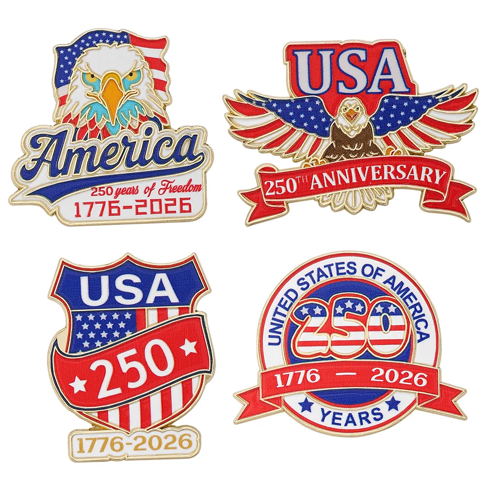 4 Piece America 250th Anniversary (1776-2026) Alloy & Enamel Patriotic Pins/Brooches