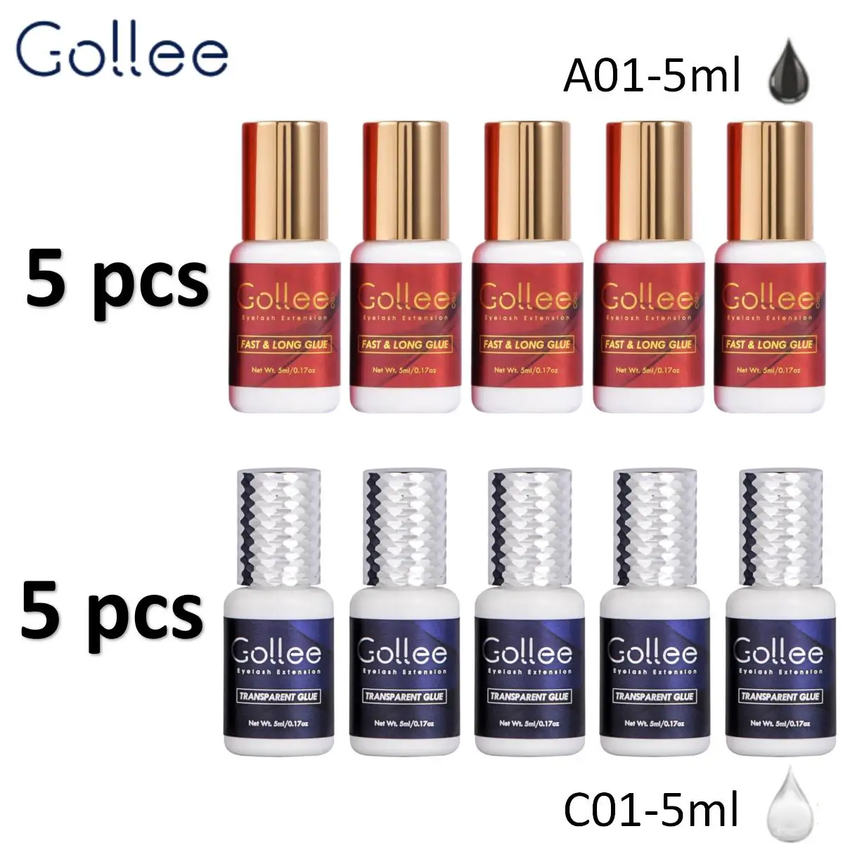 Gollee 5 Stück Roter Schnelltrocknender Wimpernverlängerungskleber und 5 Stück Schnelltrocknender Master-Kleber für Wimpernverlängerung Großhandel für Salons