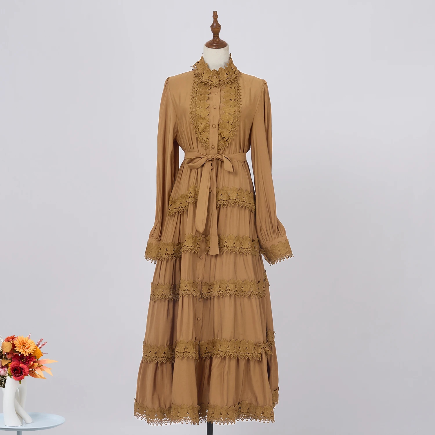 女性のためのレースのイブニングドレス,フリル,刺embroidery,ランタンスリーブ,ベルト,イブニングドレス,スタンド,休暇,秋