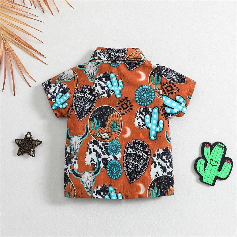 Toddler Baby Boys Button Up T-shirt Casual Cow's Head Print Lapel Short Sleeve Tops for Toddler Streetwear 6 Colors For 3-36M