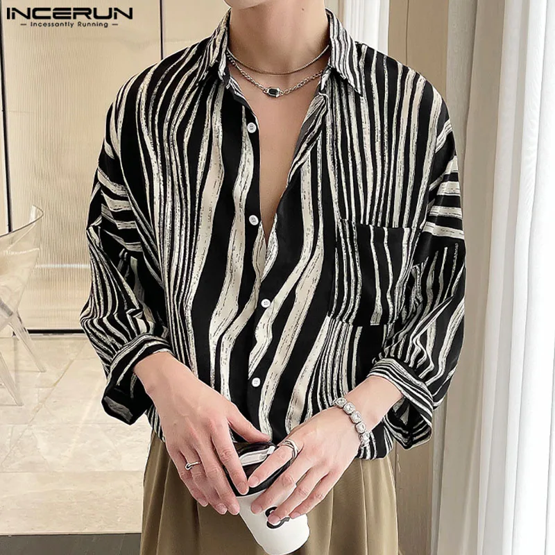 INCERUN-camisa con solapa estampada para hombre, ropa holgada de estilo coreano, informal, a la moda, para verano, 2024