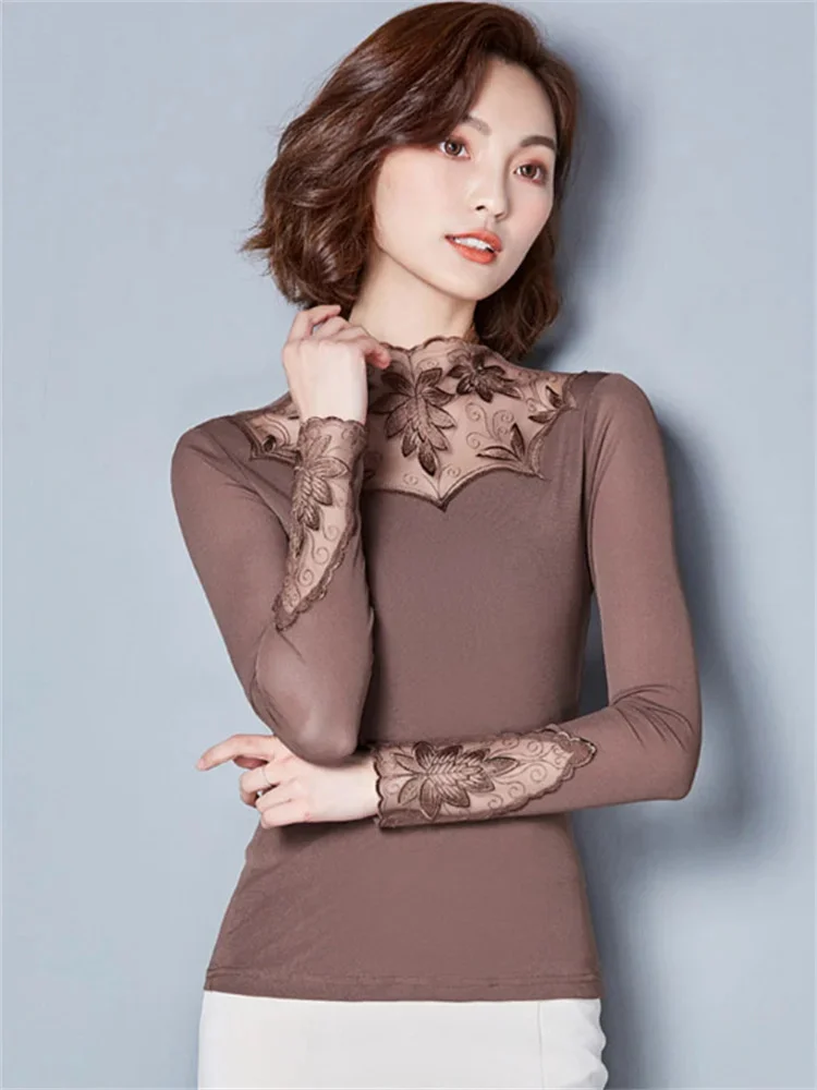 Hollow Out Women Spring Autumn Style Lace Blouses Shirts Casual Long Sleeve Patchwork Spliced Turtleneck Blusas Tops