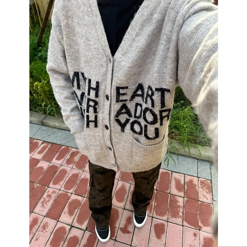 

American Sle V-Ne Knitted Sweater Coat ex Autumn Soft Lazy Sle Faion Outerwear Zipper Closure Loose Fit Long Sve