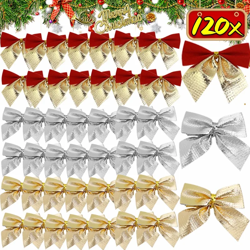 12/120PCS Mini Bow Sets Christmas Tree Pendant Ornaments DIY Bowknot Crafts Home Christmas Gift Wrapping New Year Party Decor