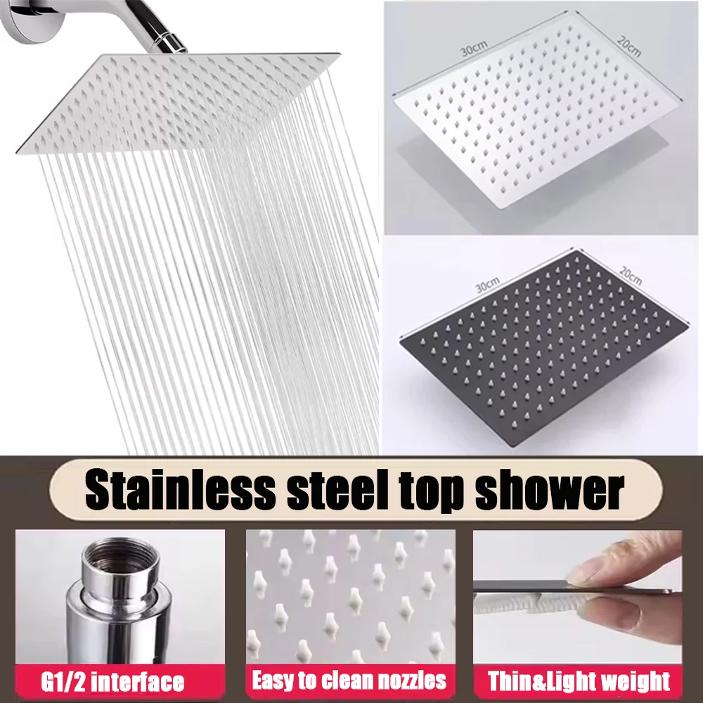 

20cm 30cm High Pressure Waterfall Stainless Steel Shower Head High Flow 8" 10" 12" Pressure Boosting Design Spa Bathroom Shower