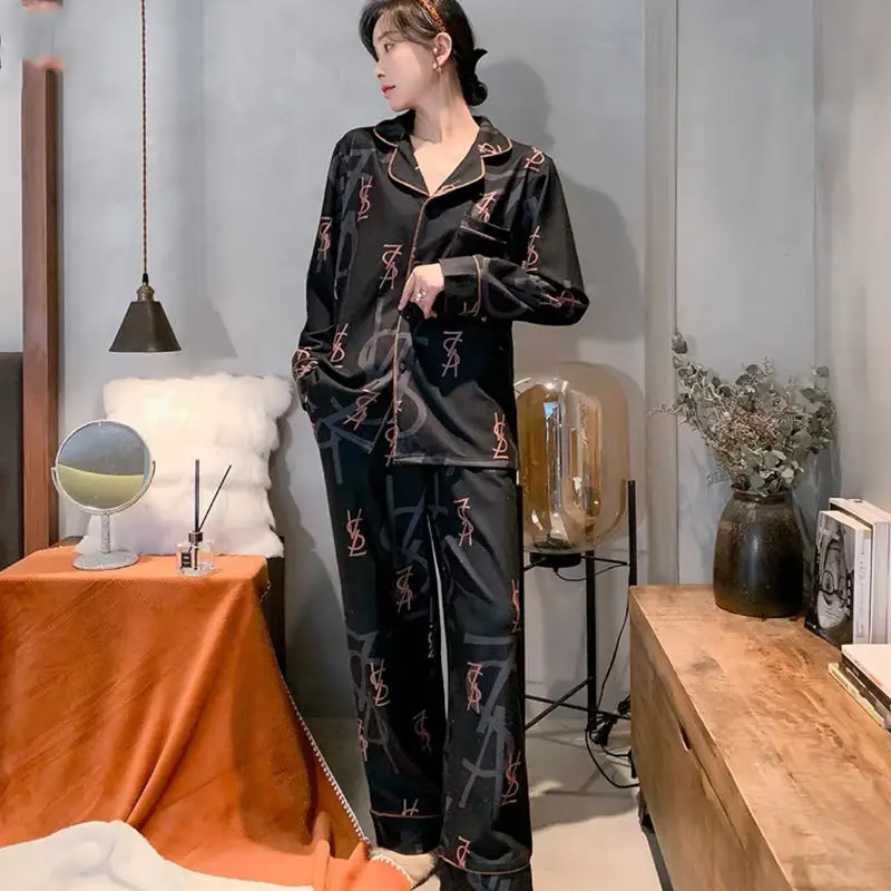 Korean Version of Couple Pajamas Spring and Autumn Ins Style Simple Loose High-grade Long-sleeved Homestays Women Set Luxury Men