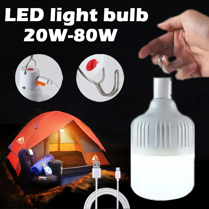 

20-80W Portable Camping Lights Rechargeable lamp Led Light Lantern Emergency Bulb Tents Lighting Flashlight Equipment White Bulb