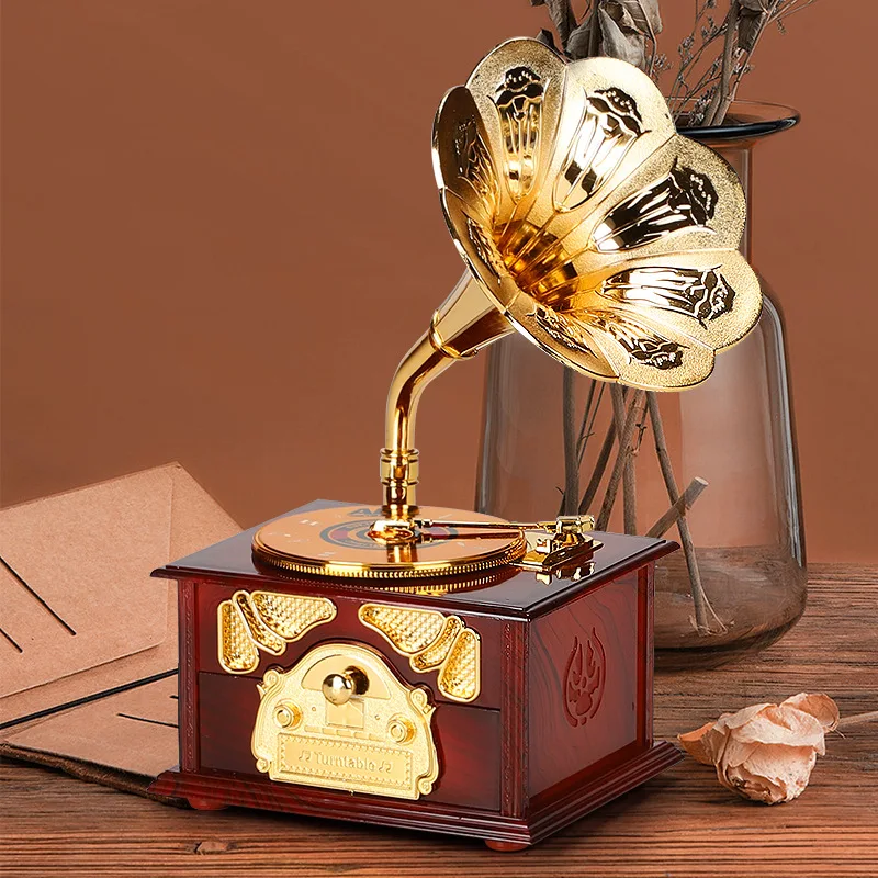 Vintage Gramophone Drawer Music Box for Home Decoration Wedding Birthday Gift Figurine Jewelry Box Hand Carousel Music Box