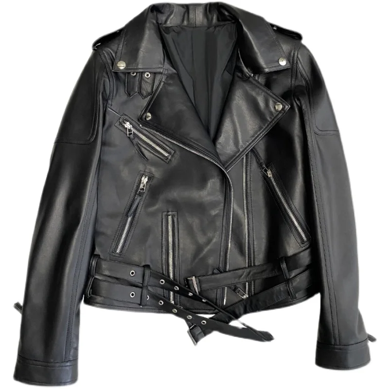 2025 Sheepskin Jacket For Women Slim Fit Genuine Leather Fashionable Versatile Suit Collar Biker Motor Jacket Belt Plus Size