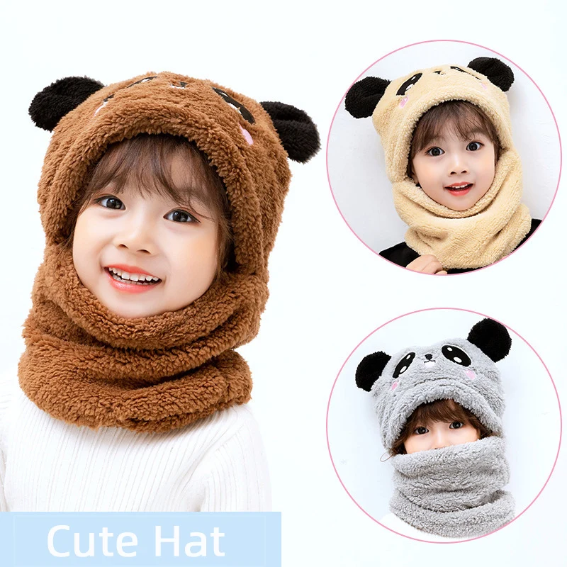 

Cartoon Children Hat Scarf Two-piece Hooded Autumn and Winter Cute Rabbit Panda Hat Winter Keep Warm Fluff Thicken Neck Scarf